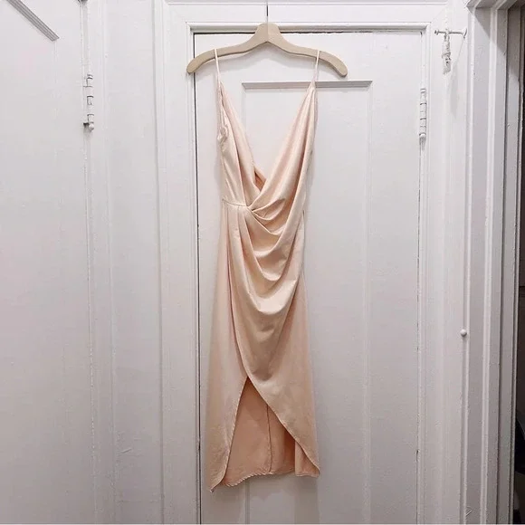 House Of CB Coco Beige Nude Satin Drape Back Dress Cowl Wrap Midi - Picture 2 of 7